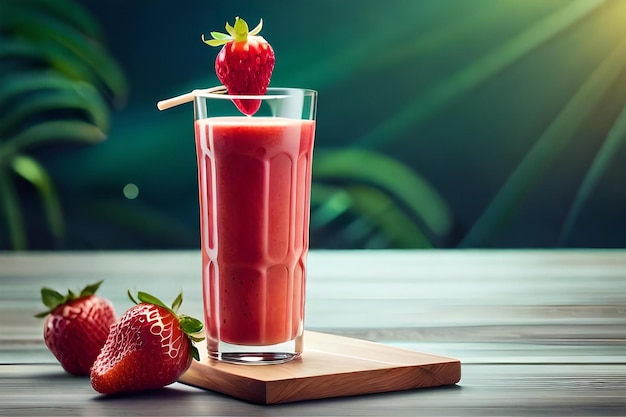 Un vaso de jugo de fresa con fresas en una tabla de madera.