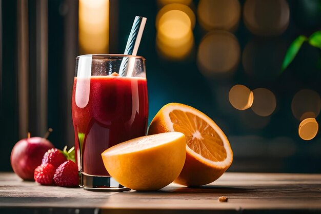 un vaso de jugo y una fresa en una mesa de madera.