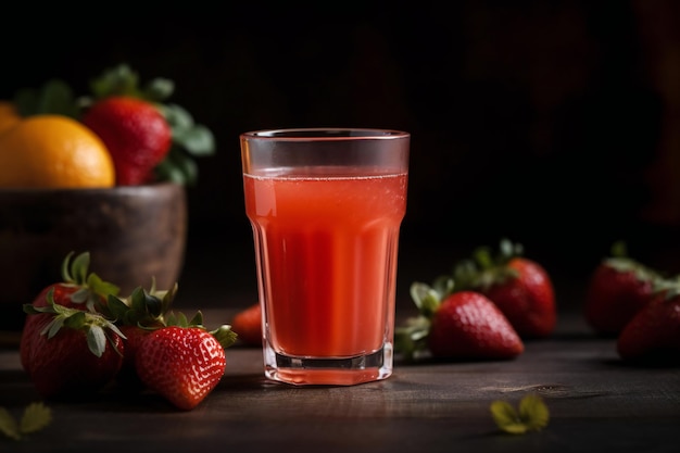 Un vaso de jugo de fresa en una mesa con un tazón de fresas al fondo.