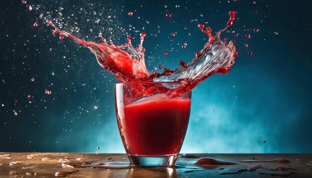 Un vaso de jugo de frutas frescas con salpicaduras una deliciosa bebida dulce una bebida roja sabrosa un fondo azul