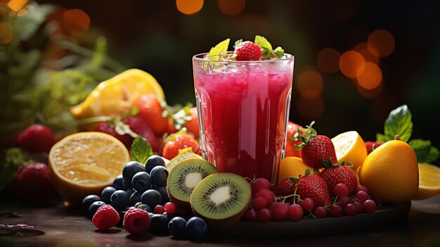 Foto un vaso de jugo de frutas mezclado guardado en un escritorio de madera en el fondo de la naturaleza ia generativa