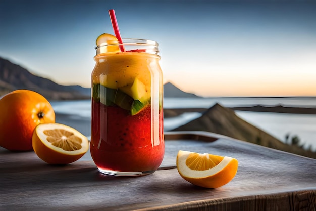 Un vaso de jugo de frutas con una pajita roja al lado.