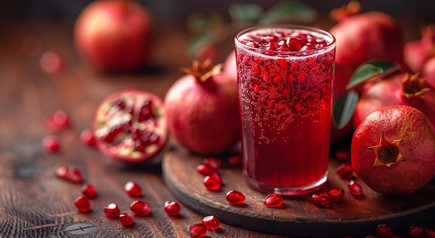 Vaso de jugo de granada fresco y frío con rebanadas y semillas en la mesa y granada