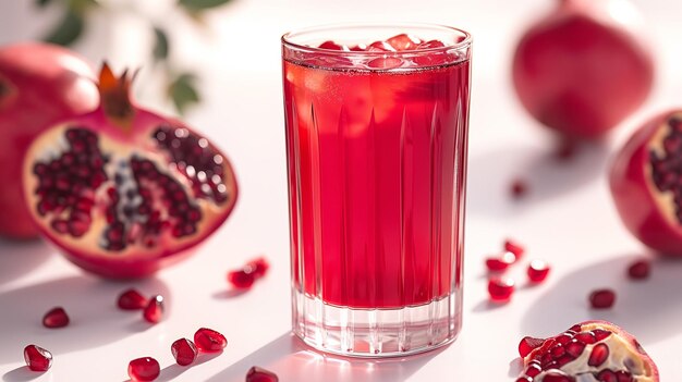 Vaso de jugo de granada con frutas de granada aisladas sobre un fondo blanco