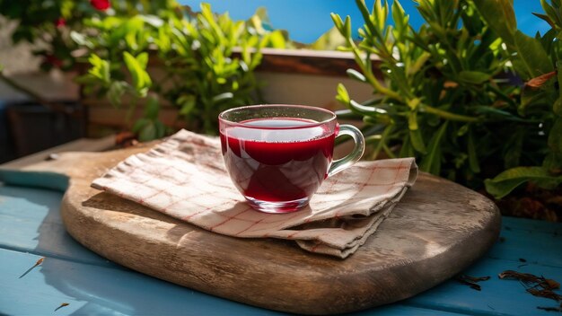 Un vaso de jugo de granada en una tabla de madera