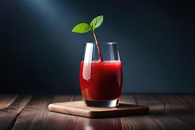 Un vaso de jugo con una hoja