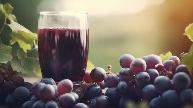 Un vaso de jugo junto a un racimo de uvas