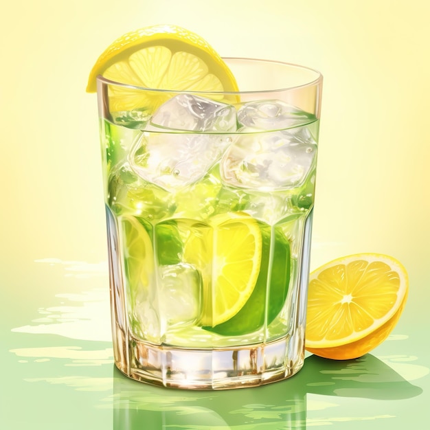 Un vaso con jugo de limón y cubitos de hielo con una rodaja de limón en una mañana soleada