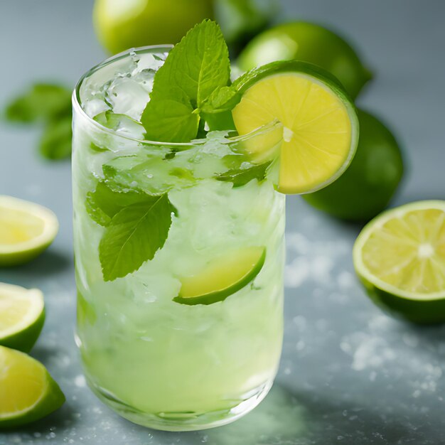 Foto un vaso de jugo de limón con limón y cuñas de limón