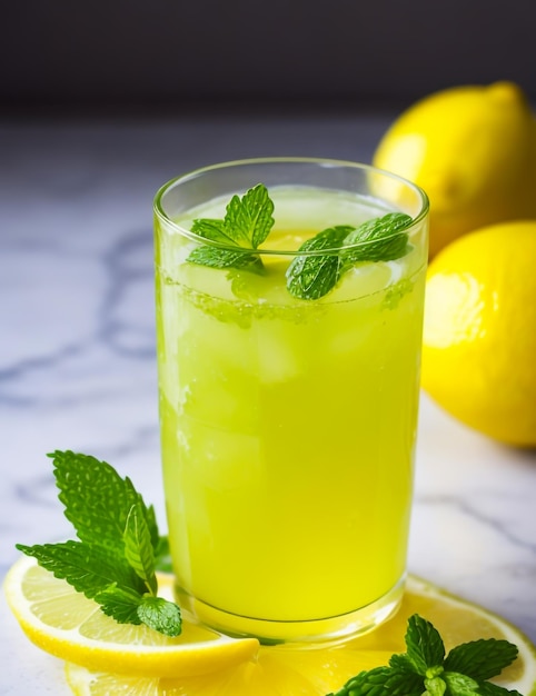 Un vaso de jugo de limón y menta de color verde amarillo vibrante capturado por un fotógrafo profesional