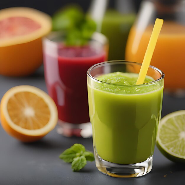 Foto un vaso de jugo de limón verde con una paja en él