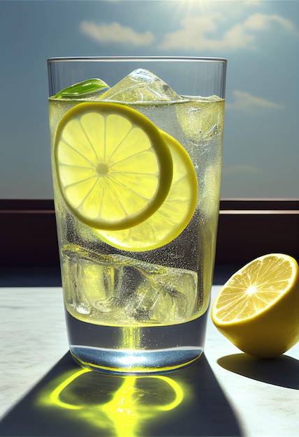 Vaso de jugo de limonada recién frío y cubo de hielo para una salud saludable Creado con tecnología de IA generativa