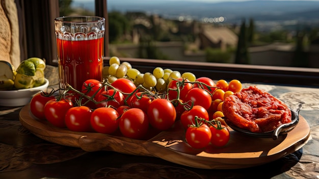 un vaso de jugo se llena con tomates y un vaso de jugo.