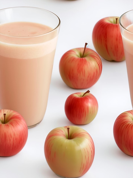 Un vaso de jugo lleno de batido de manzana colocado en una mesa blanca