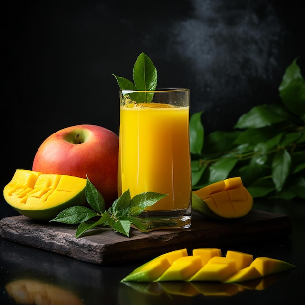 Un vaso de jugo de mango junto a un vaso de juice de mango y fruta