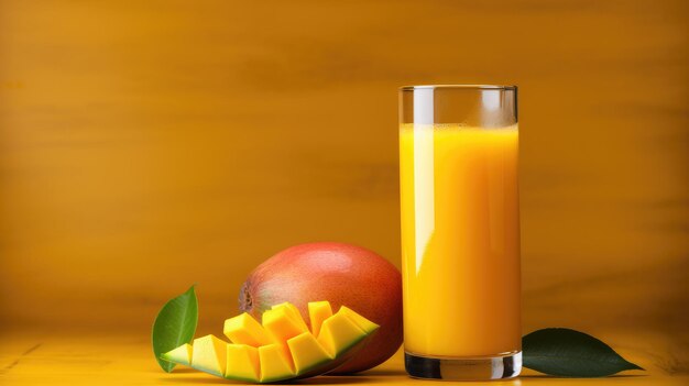 Un vaso de jugo de mango en una mesa de luz Espacio para el texto