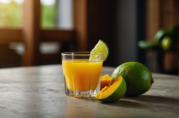 Un vaso de jugo de mango con una rebanada de lima en el borde