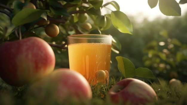 Un vaso de jugo de manzana se encuentra en un campo con un montón de manzanas en el suelo.