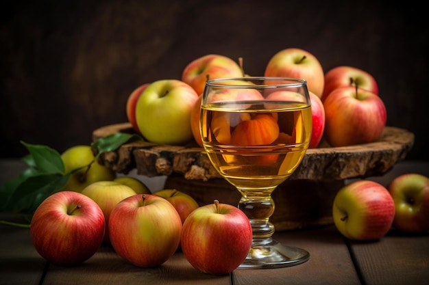 Un vaso de jugo de manzana en una mesa de madera manzanas frescas