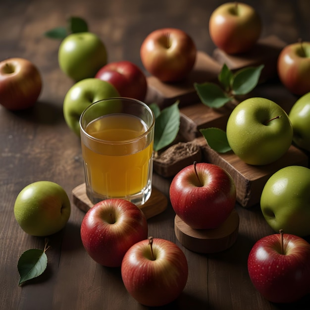 Un vaso de jugo de manzana en la mesa con manzanas