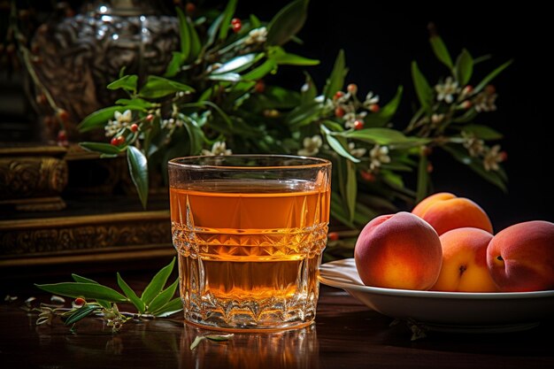 Un vaso de jugo de melocotón con cubitos de hielo y fruta alrededor