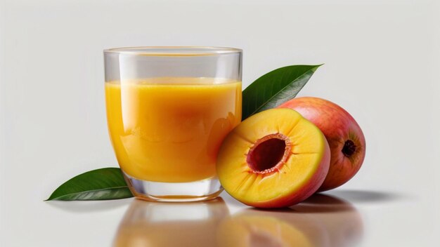 Foto vaso de jugo de melocotón fresco y frutas maduras sobre un fondo blanco