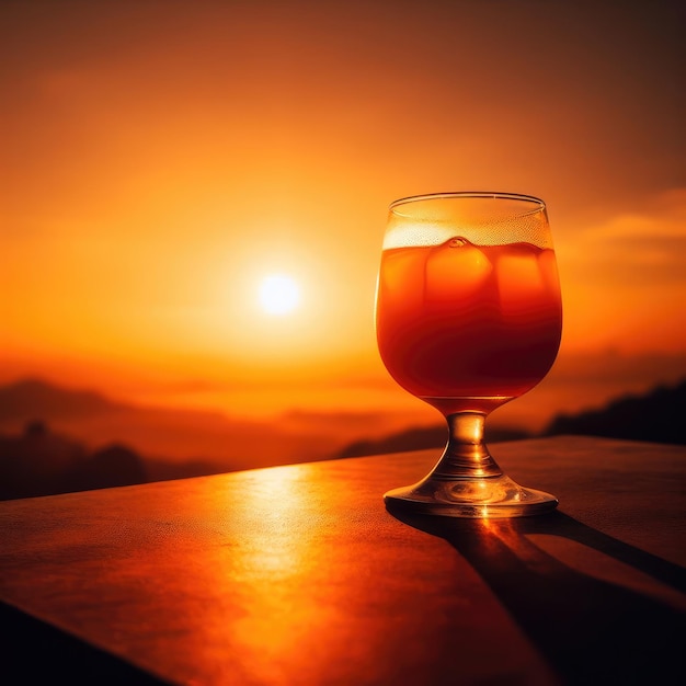 un vaso de jugo de naranja al atardecer por la mañana