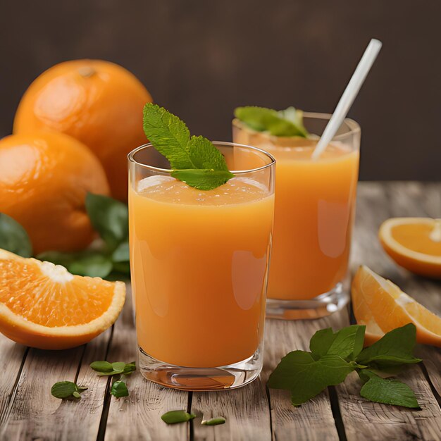 un vaso de jugo de naranja al lado de dos vasos de jugo De naranja