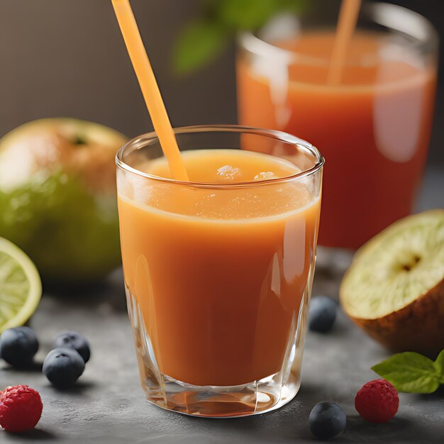 un vaso de jugo de naranja con bayas y una fruta en él