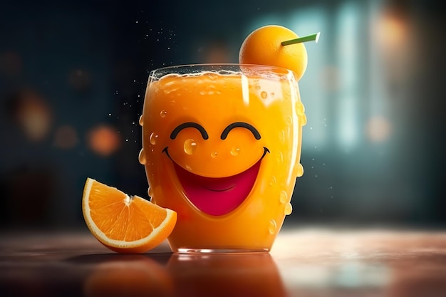 Un vaso de jugo de naranja con una carita sonriente.