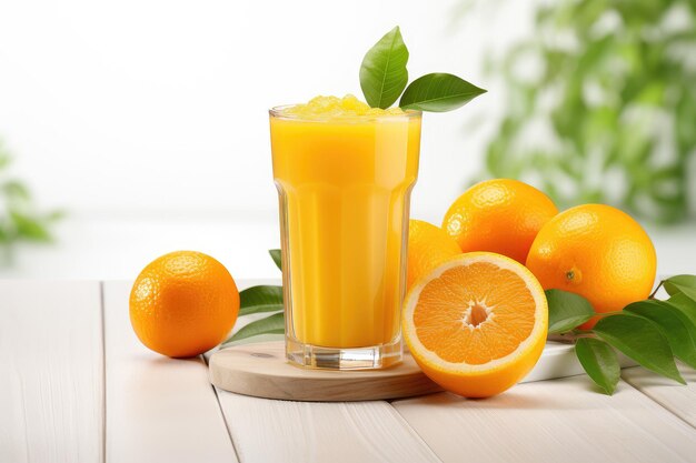 Un vaso de jugo de naranja en una cocina luminosa