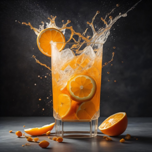 Un vaso de jugo de naranja con cubitos de hielo y rodajas de naranja.