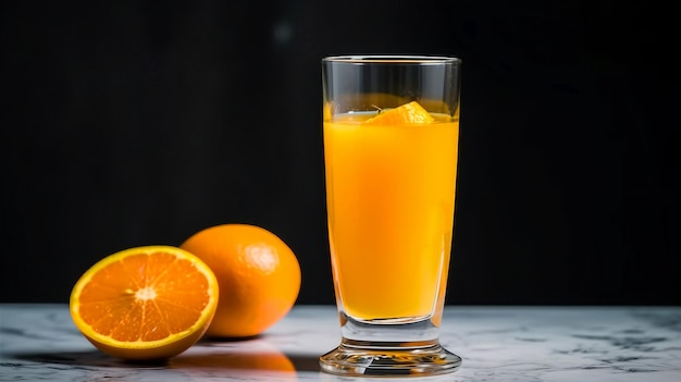 Un vaso de jugo de naranja con cubitos de hielo sobre un fondo negro.