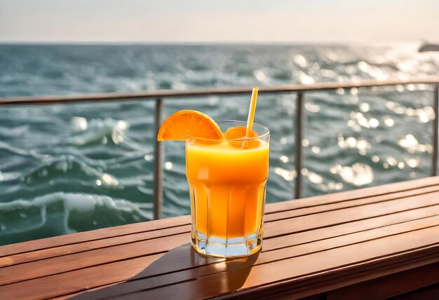 un vaso de jugo de naranja está en una mesa al lado de un barco