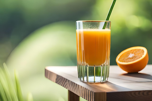 Un vaso de jugo de naranja está en una mesa con una naranja.