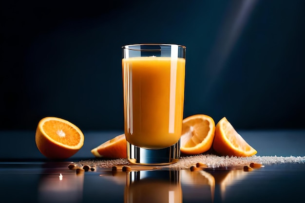 Un vaso de jugo de naranja está sentado en una mesa con naranjas.