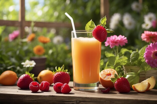 un vaso de jugo de naranja con fresas y fresas en una mesa