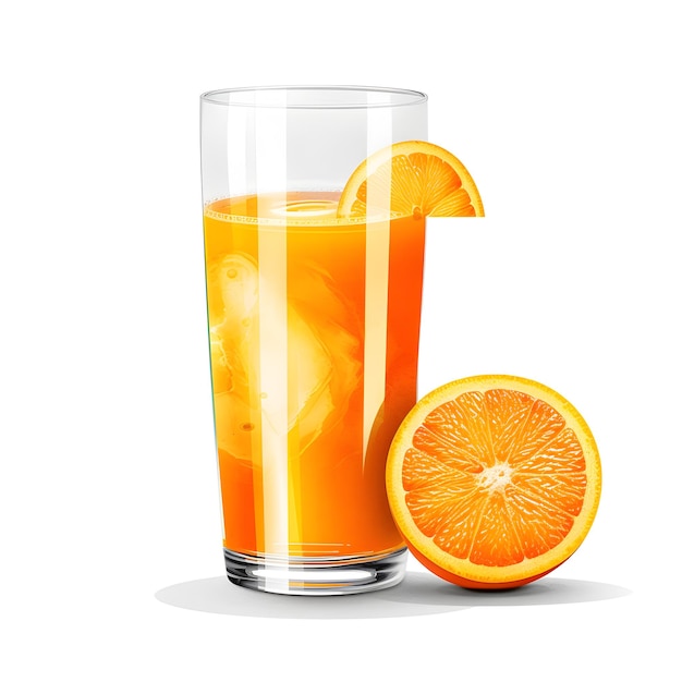 vaso de jugo de naranja fresco enérgico con naranja cortada a la mitad