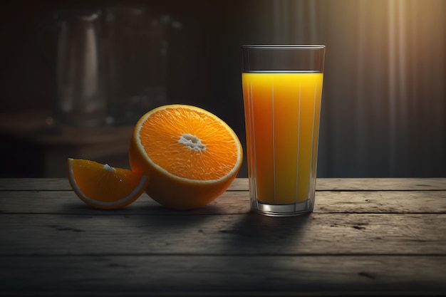 Vaso de jugo de naranja fresco con frutas frescas sobre mesa de madera Red neuronal generada por IA