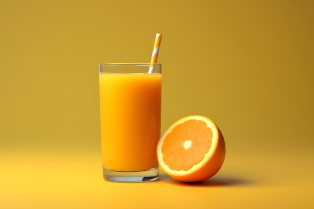 Vaso de jugo de naranja fresco y rodajas de naranja sobre fondo amarillo