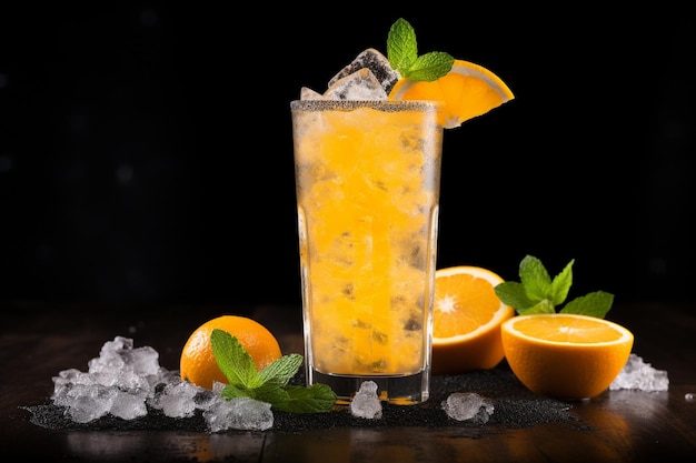 Un vaso de jugo de naranja y fruta fresca en el suelo con cubitos de hielo