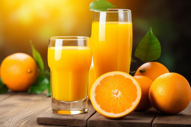 Un vaso de jugo de naranja y fruta fresca en el suelo con cubos de hielo