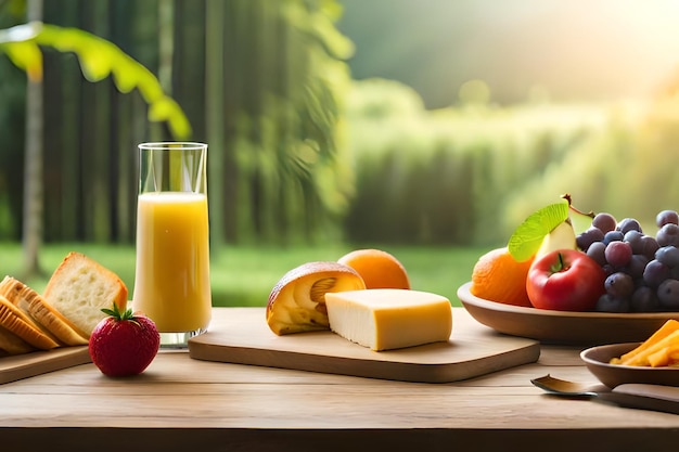 un vaso de jugo de naranja y fruta en una mesa.