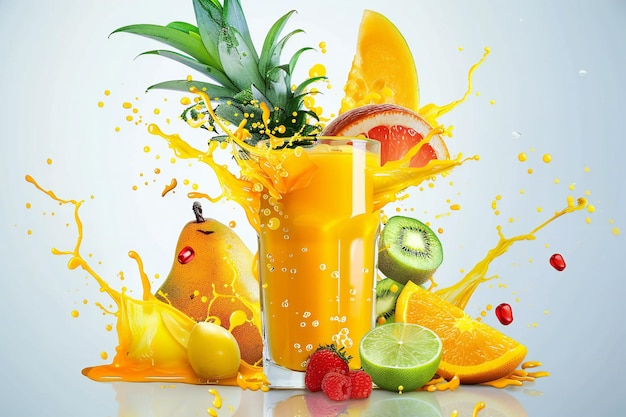 un vaso de jugo de naranja con una fruta tropical y una bebida tropical