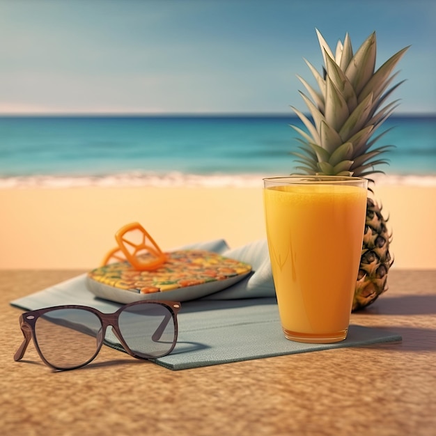 un vaso de jugo de naranja y gafas de sol en la playa