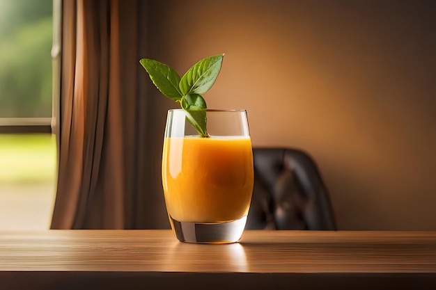 Un vaso de jugo de naranja con una hoja encima