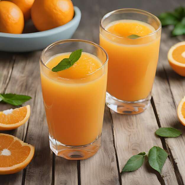 Foto un vaso de jugo de naranja con una hoja verde en la parte superior