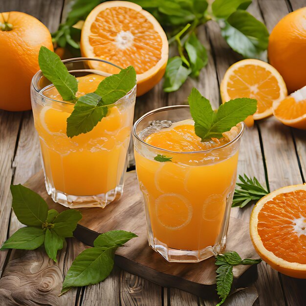 un vaso de jugo de naranja con una hoja verde en la parte superior