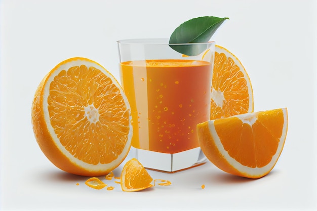 Un vaso de jugo de naranja con una hoja