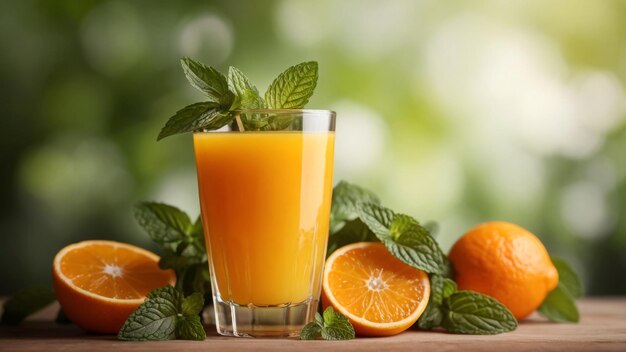 Foto un vaso de jugo de naranja con hojas y naranjas en una mesa